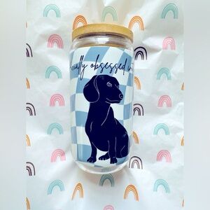 NEW Dachshund 16oz Glass with Bamboo Lid & Glass Straw